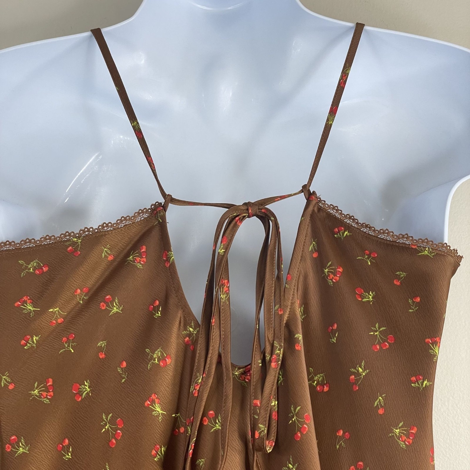 Wild Fable Silky Satin Slip Dress Large Brown Ditsy Cherries Tie Back Strap