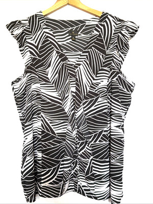 WORTHINGTON Ruffle Cap Sleeveless Blouse Black White Zebra Palm Vneck Women's XL