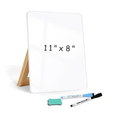 Desktop Glass White Board 11"x 8" with Reversible Wood Stand, Small Dry Erase