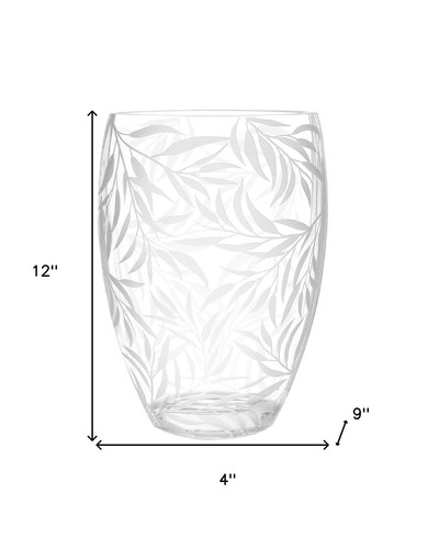 12" Clear and Frosted Leaf Pattern Oval Crystal Table Vase - Picture 7 of 7
