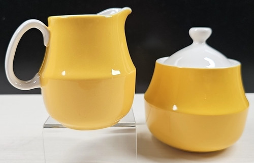 3 Pc Mikasa Flora Creamer Sugar Bowl Lid Set Cera Stone Yellow Coffee Retro Lot