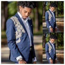 2Pcs Blue Men's Suits Birthday Party Wear Beads Glitter Coat Slim Fit Jacket