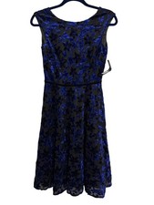 Tahari Arthur S. Levine Womens Fit & Flare Dress Size 2 Black/Cobalt Blue Floral