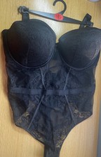 38F BRA BODYSUIT~BLACK LACE~THONG BACK~EXCELLENT QUALITY~NEW TAGS~(B1)