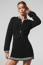 ALOYOGA Autumn Color Block Trim Baseball Collar Zipper Knit Cardigan Dress Set