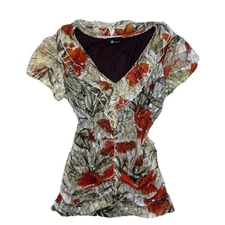 AB Studio Y2K Ruched Floral Mesh Top Fairy Grunge Ruffle Romantic Stretch XL