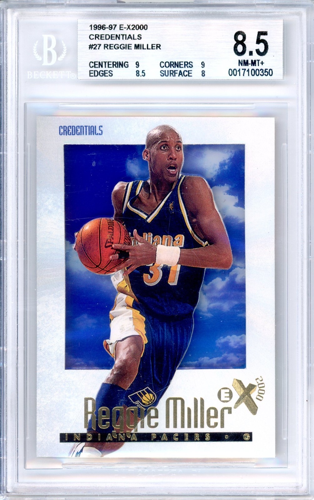 1996 SkyBox E-X2000 #27 Reggie Miller Credentials /499 BGS 8.5 NM-MT