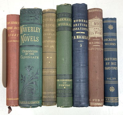 Lot of 7 Books Multicolor Cloth Staging Display Antique Old Victorian