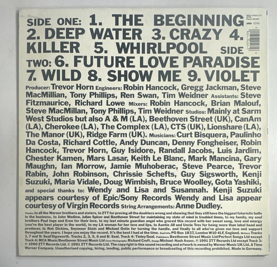 Seal Self Titled LP Vinyl Album 1991  9031-74557-1 ZTT9 EX / VG+ - Image 3 of 4
