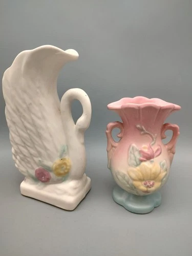 2 PCS MCM VINTAGE HULL POTTERY WILDFLOWERS 13 & SWAN 118 VASE PLANTER