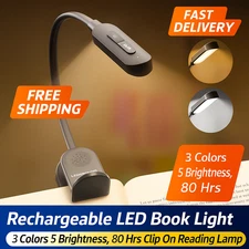 Rechargeable LED Book Light, 3 Colors 5 Brightness, 80Hrs Clip On Reading Lamp