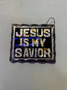 ANTIQUE REVERSE GLASS ~ SCALLOP GLASS ~ JESUS SAVES ~ RELIGIOUS ~ ADVERTISING