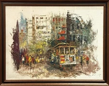 VTG MCM Original Impressionistic Impasto Style O/C "Trolley Car, Paris", Signed!