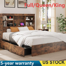 Wood Bed Frame Full Queen King Size with High Storage Bookcase 4 Storage Drawers