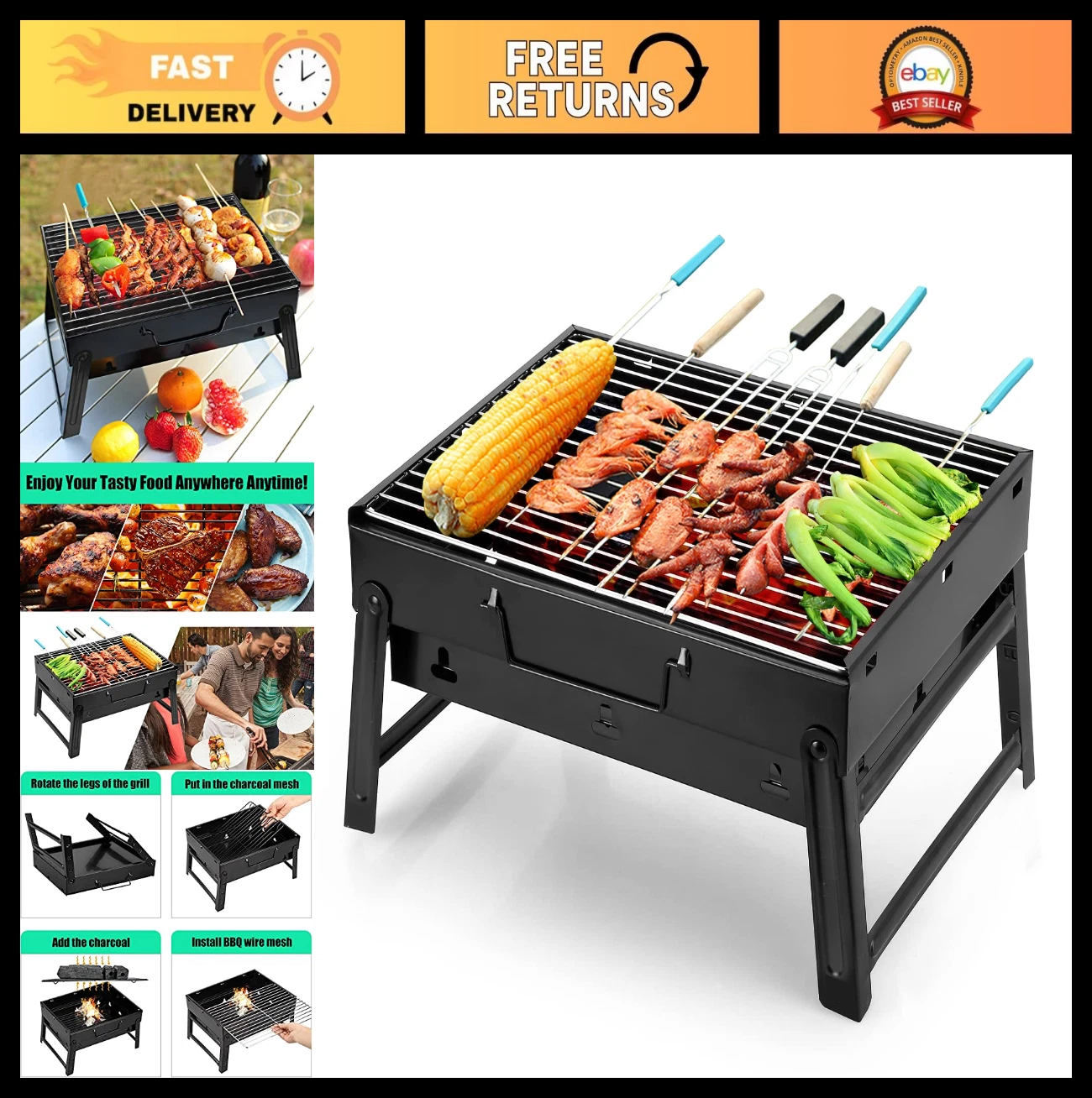 Portable Charcoal BBQ Grill Smoker for Outdoor Cooking, Camping & Picnics