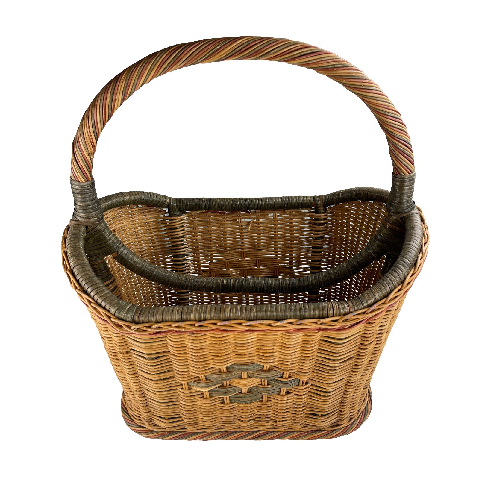 Double Magazine Rack Holder Rattan Wicker multi Colored Handle 19” Sturdy Large-image