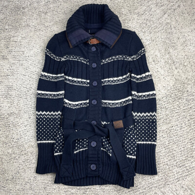 Superdry Cardigan Womens Small Sweater Belted Buckle Wool Blend Blue White  Logo