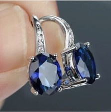3Ct Oval Lab-Created Blue Sapphire Dangle Earrings 14K White Gold Plated Silver