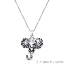 Elephant Head Animal Charm Pendant & Cable Chain Necklace in 925 Sterling Silver
