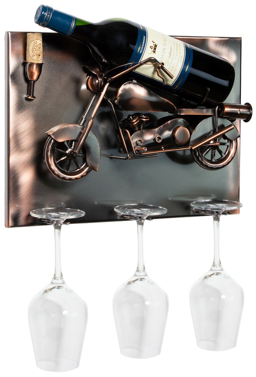 BRUBAKER Motorbike Wall Art Wine Bottle Rack with Glass Holders