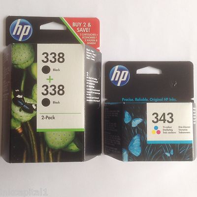 HP 2 x Black No 338 & 1 x Colour No 343 Original OEM Inkjet Cartridges ...