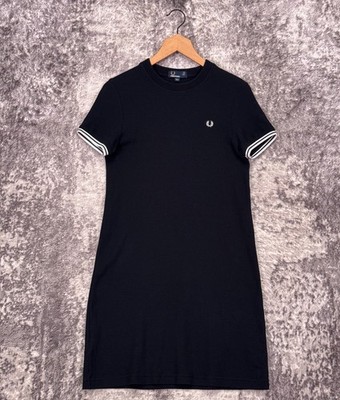 Fred Perry Shirt Dress US 4 Womens Black Pique Cotton Knit Tipped