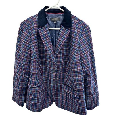 Talbots Plus Size 14W Wool Blend Plaid Blazer Velvet Collar Multi-Color Jacket