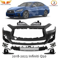 Front Bumper Cover Paintable & Fog Light Assembly Kit For 2018-2023 Infiniti Q50