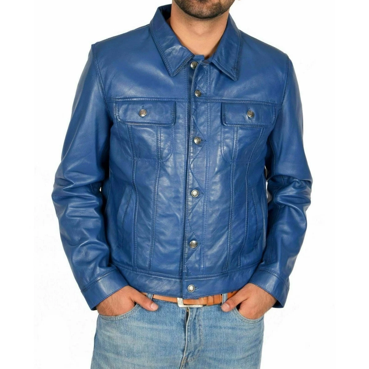 Men's Leather Trucker Jacket American Western Denim Blue Sheepskin Jacket
Opens in a new window or t