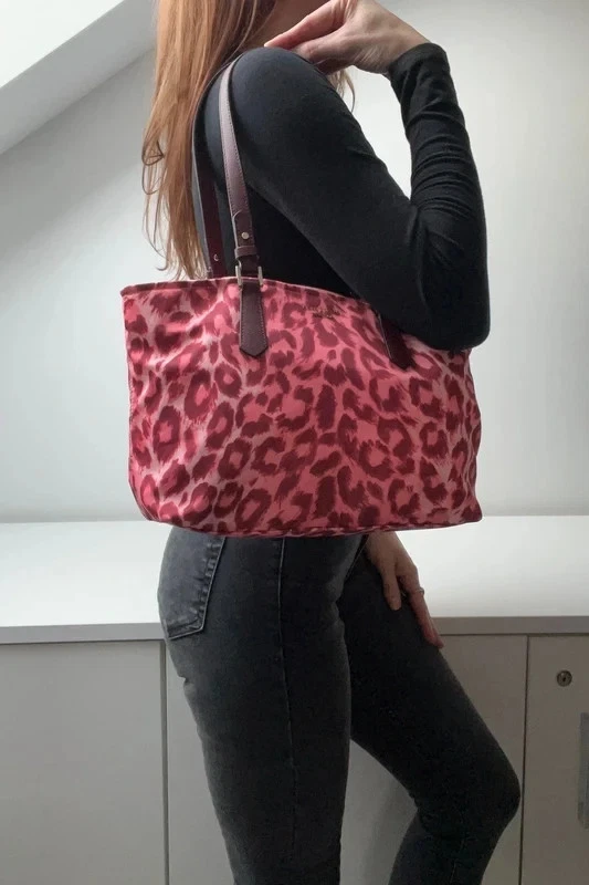 KATE SPADE Taylor Leopard Medium Tote Shoulder Bag Pink Red Multi Nylon Zip Top - Image 2 of 4