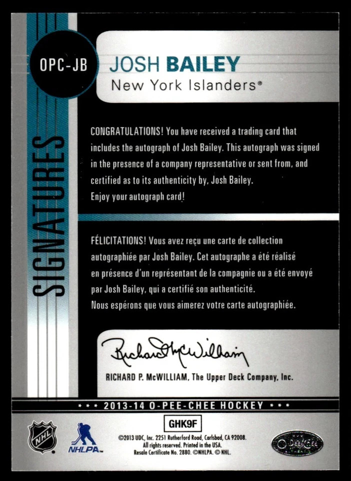 2013-14 O-Pee-Chee Signatures Josh Bailey Auto New York Islanders #OPC-JB - Image 2 of 2