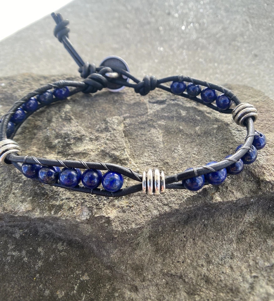 Men's 6mm Lapis and Silver Beaded Wrap Bracelet with Black Leather  USA - Image 2 of 4