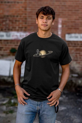 Funny Space Astronaut Saturn Rings Bike Ride Womens or Mens Crewneck T Shirt Tee image 5