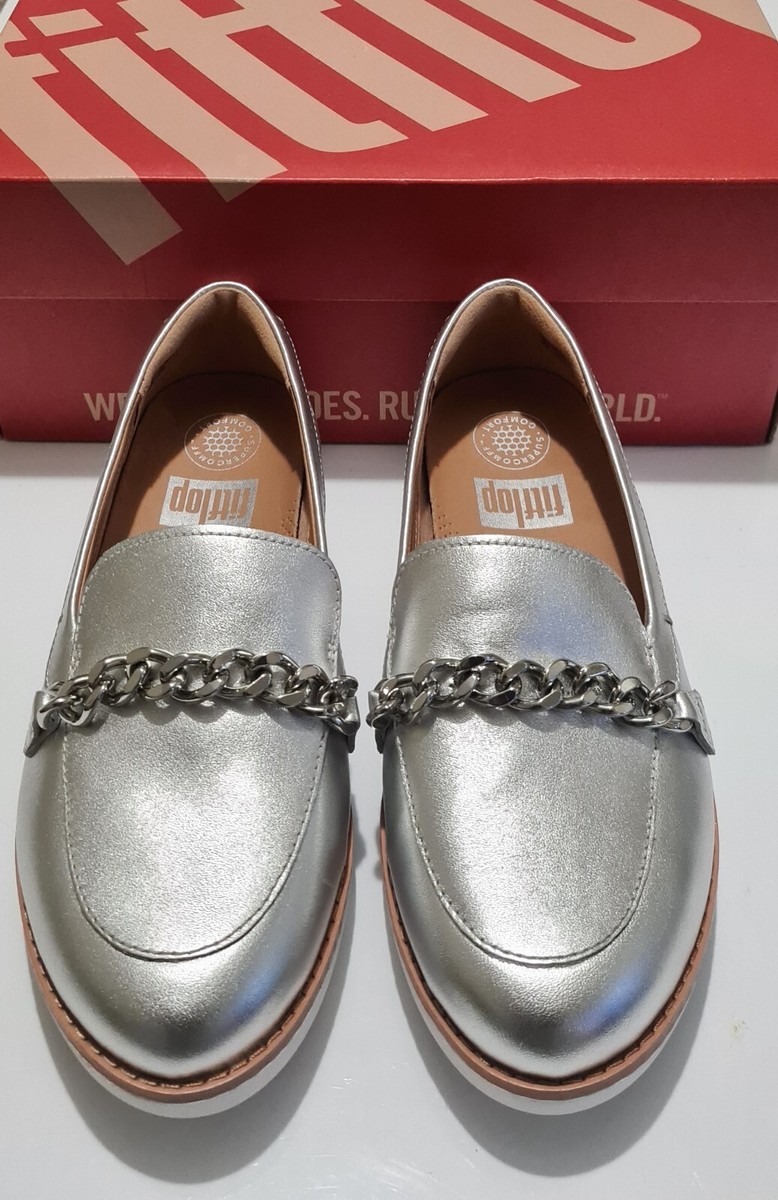 Fitflop Paige Chain Metallic Leather Slip-on Loafer Shoes Silver