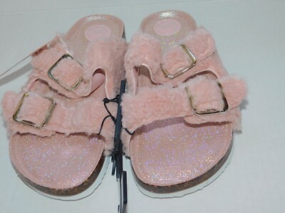 Girls Shoes Sandals Pink Size 3 Sherpa Straps Sparkly Soles