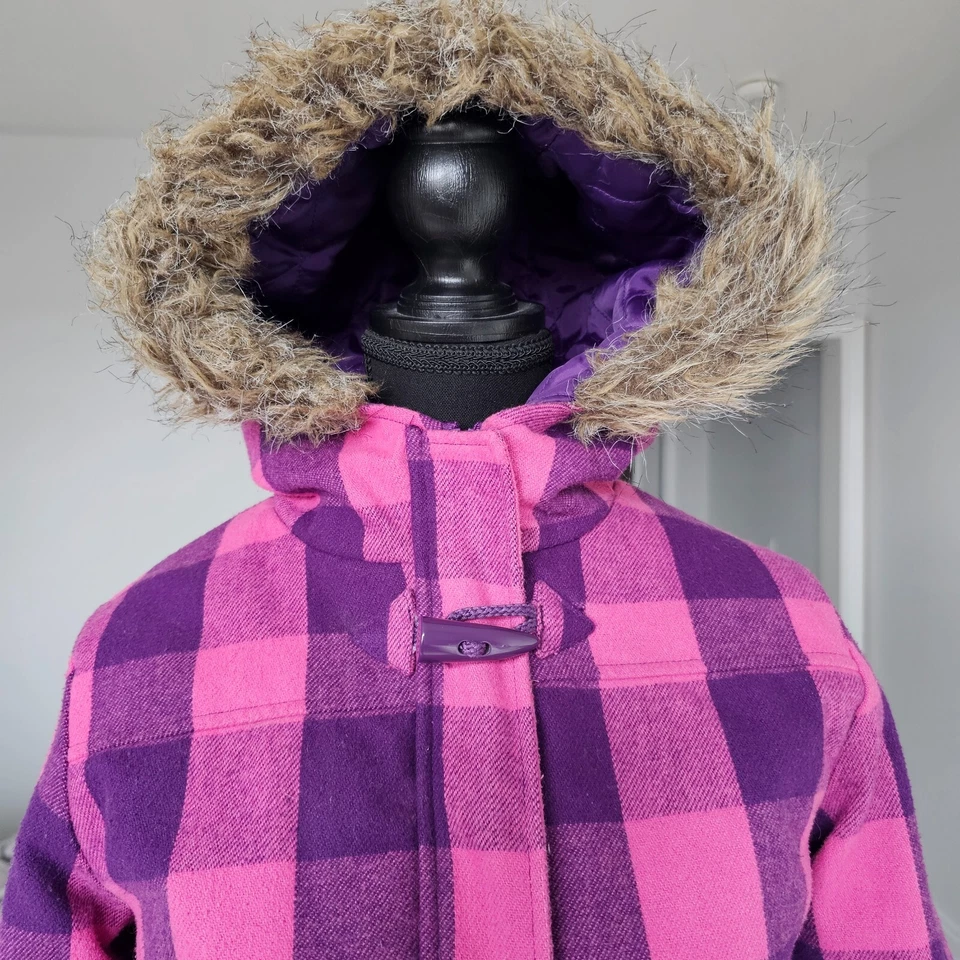 Chaqueta de invierno con capucha forrada de piel a cuadros rosa/púrpura para niñas, talla L Foto 3 de 4
