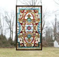 20.5"W x 34.5"H Jeweled Tiffany Style stained glass window panel.