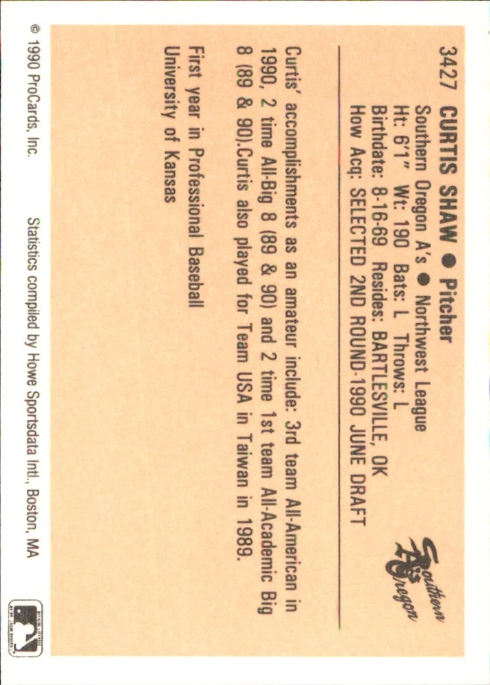 Curtis Shaw 1990 ProCards #3427 RC Southern Oregon A's *AutographDen* - Image 2 of 2