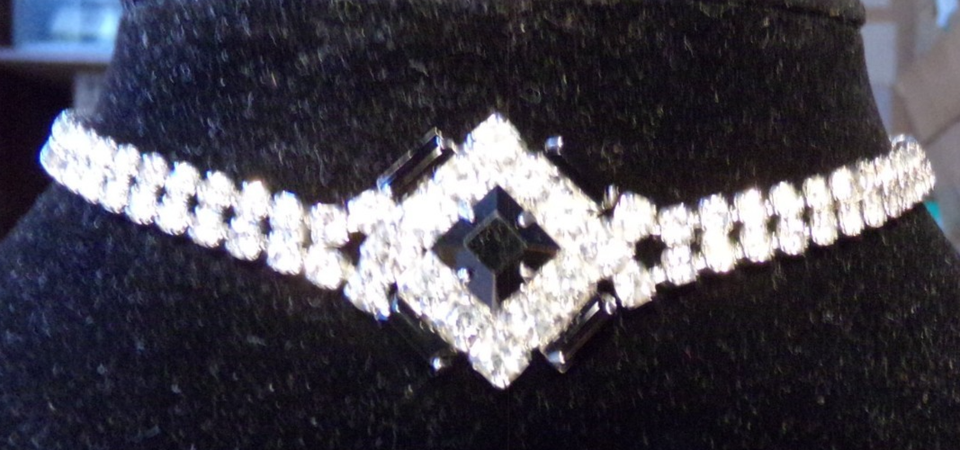 VTG 1940'S SILVER TONE CLEAR BLACK CRYSTAL RHINESTONE ADJUST CHOKER ...