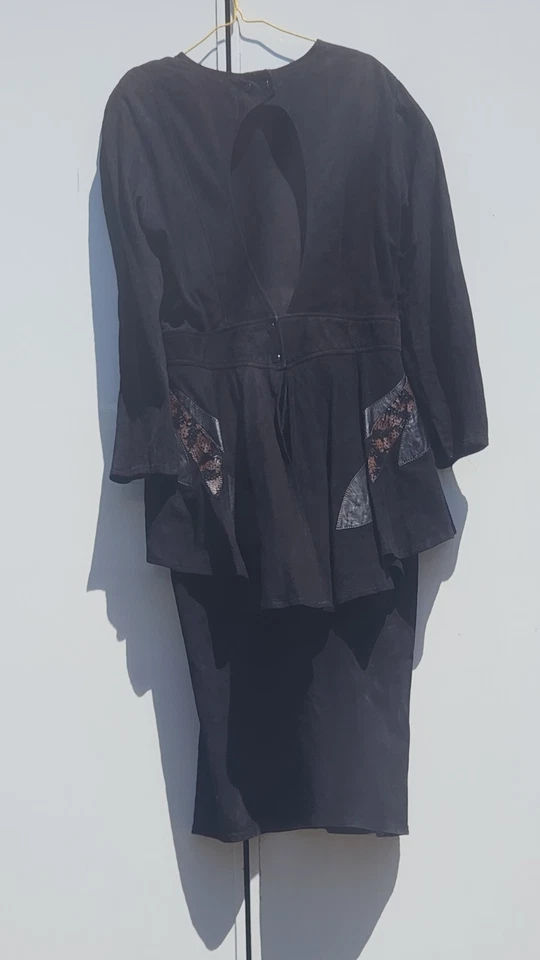 Vestido Lillie Rubin Negro Gamuza y Cuero - Vintage Mangas Largas Espalda Abierta Talla 14 Foto 2 de 4