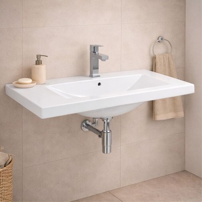 Roca Standard Waschbecken Cheese 80 cm   Eckiger Keramik-Waschtisch Weißglanz 