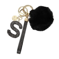 Initial Letter S Keychain with Pom and Rhinestone Wristlet, Grey
