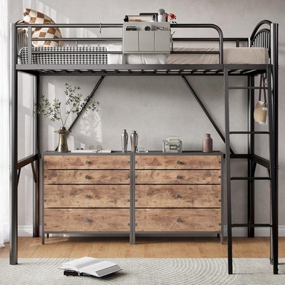 Metal Loft Bed Twin Size, Heavy Duty Loft Bed with Bedside Caddy, EVA Anti-Slip