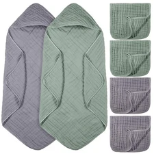 6 Pcs Baby Muslin Hooded Bath Towels and Washcloths 32 x 32 Inch Muslin Cotto...