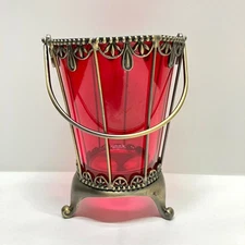 VTG Studio Nova Red Flashed Glass & Metal Votive Holder Catchall Vase READ