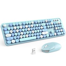 Wireless Keyboard Mouse Combo Retro Round Keycaps Cute Mouse Blue Colorful