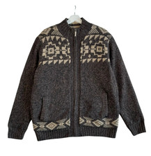 VTG Racing Green Jumper Mens XL Brown Lambswool Fleece Lined Chunky Knit Zip