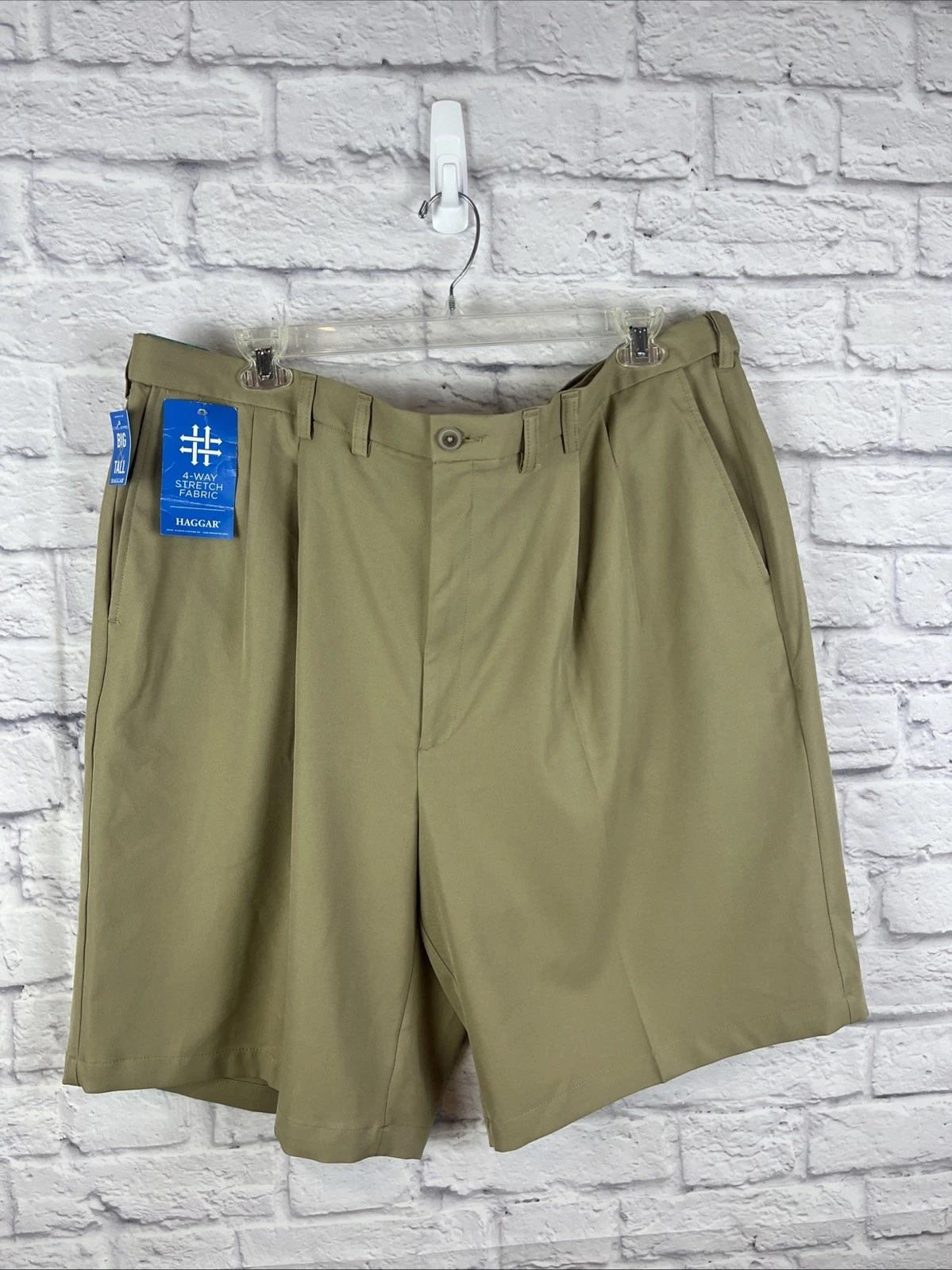 Haggar Mens NWT Khaki Big & Tall Cool 18 Pro Pleated Casual Comfort Shorts 46W