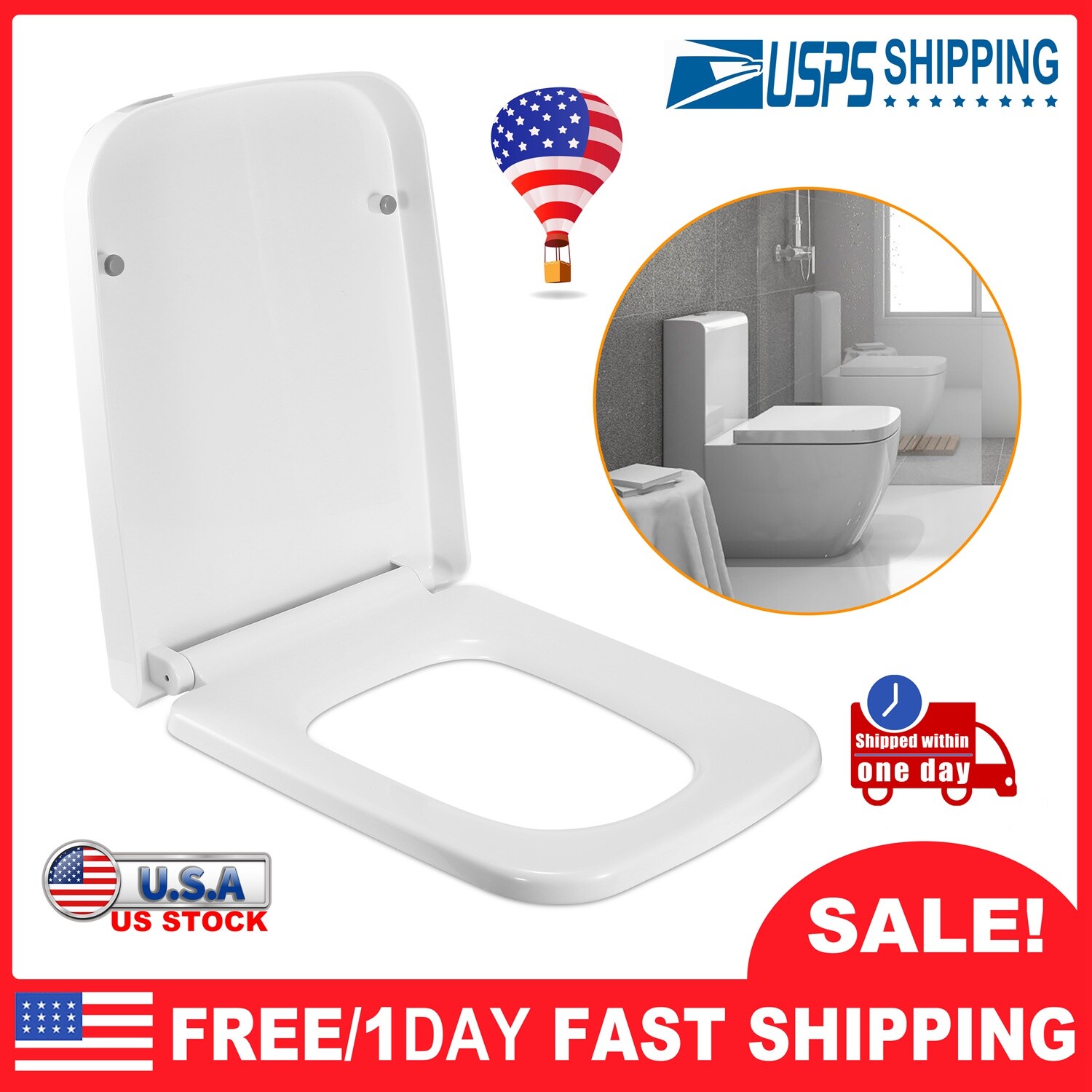Soft Close Heavy Duty Square Shape White Toilet Seat & Top Quick Release Hinges