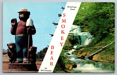 Greetings From Smokey Bear In Michigan MI Split View Banner Postcard AD5